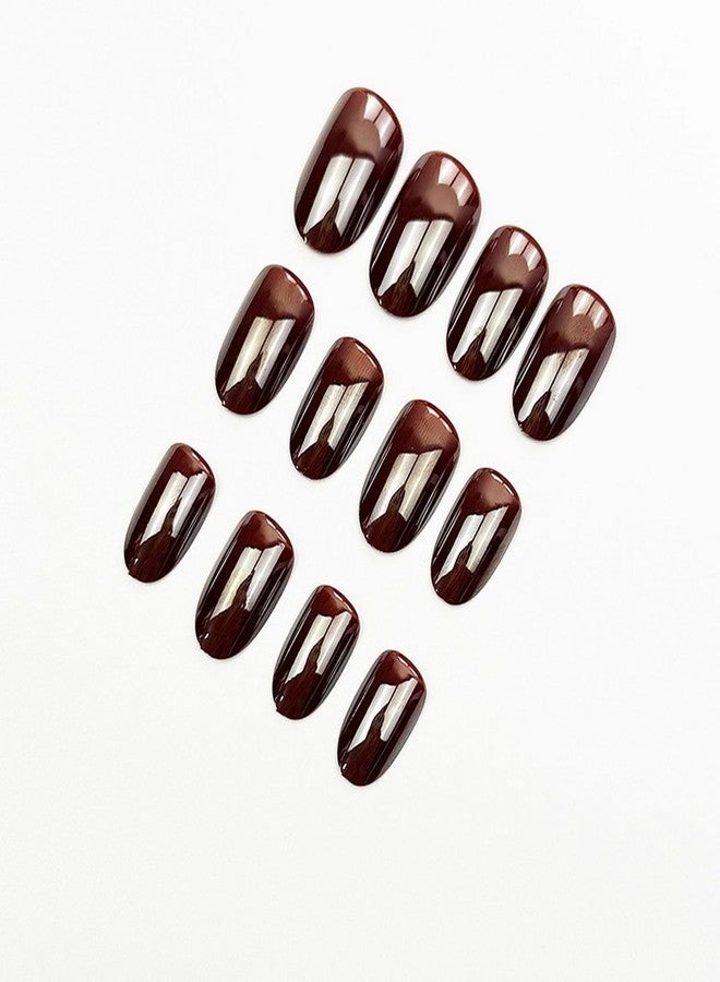 MABKJLF Chrome Press on Nails Short Oval MABKJLF Fake Nails False Nails with Metal Designs Brown Glossy Glue on Nail Full Cover Acrylic Nail for Women Girls 24Pcs - Image 5